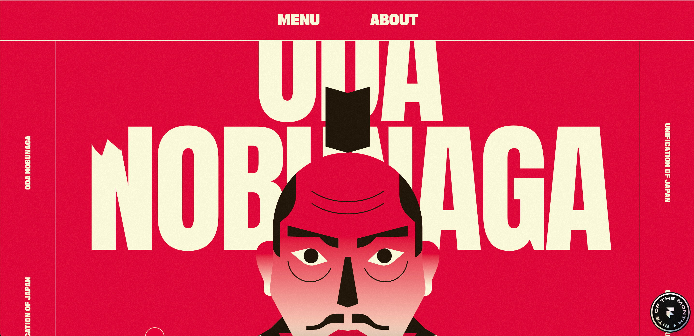 Imagem que mostra uma página criada com o Framer com o tema de Oda Nobunaga.