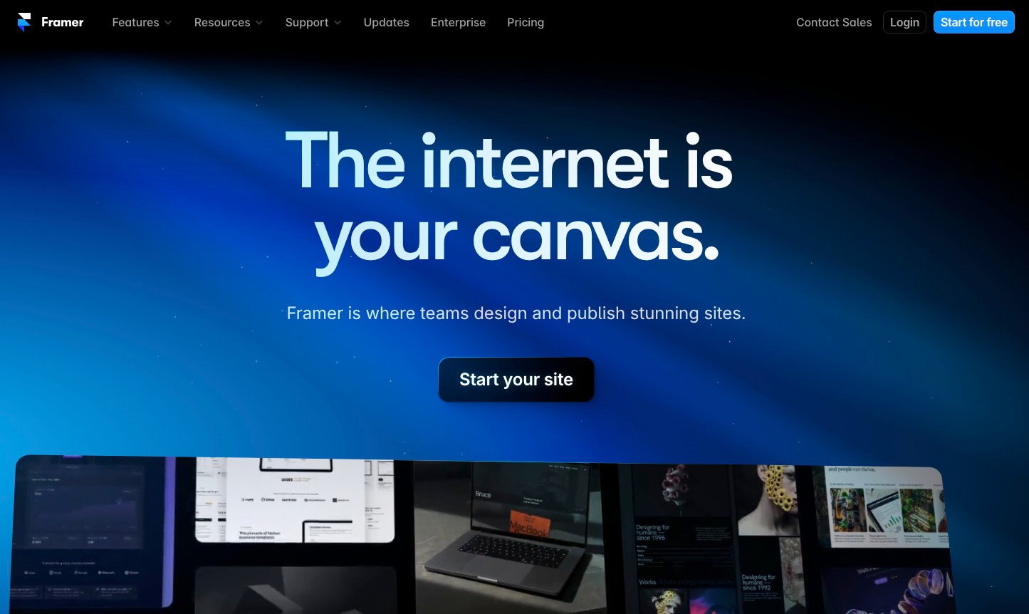 Página inicial do Framer com o texto 'The internet is your canvas' e um botão 'Start your site' para começar a criar sites impressionantes.