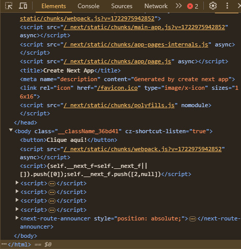 Imagem. Aba Inspecionar do navegador na seção Elements com o HTML gerado pelo projeto Next.js.