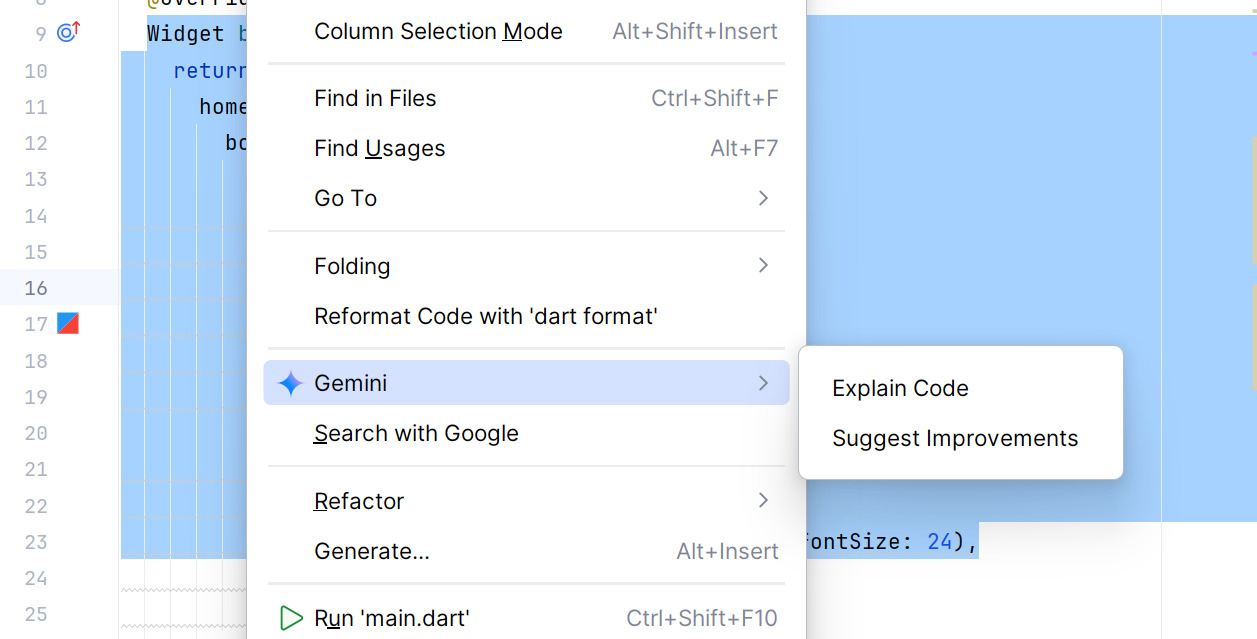 Imagem mostrando um menu de contexto em uma IDE com a opção "Gemini" selecionada. O menu oferece duas sub-opções: "Explain Code" (Explicar Código) e "Suggest Improvements" (Sugerir Melhorias).