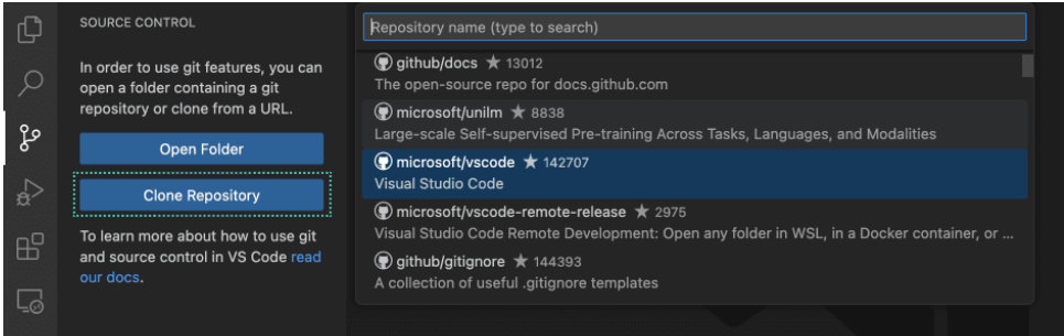 A imagem é um print de página retirada da documentação do VSCode; há a indicação da página da extensão do Github no VSCode que é acessada pela terceira opção da lista à esquerda, com o ícone de ramos. Há destaque para o segundo botão na cor azul, descrito por “Clone Repository” na seção à esquerda