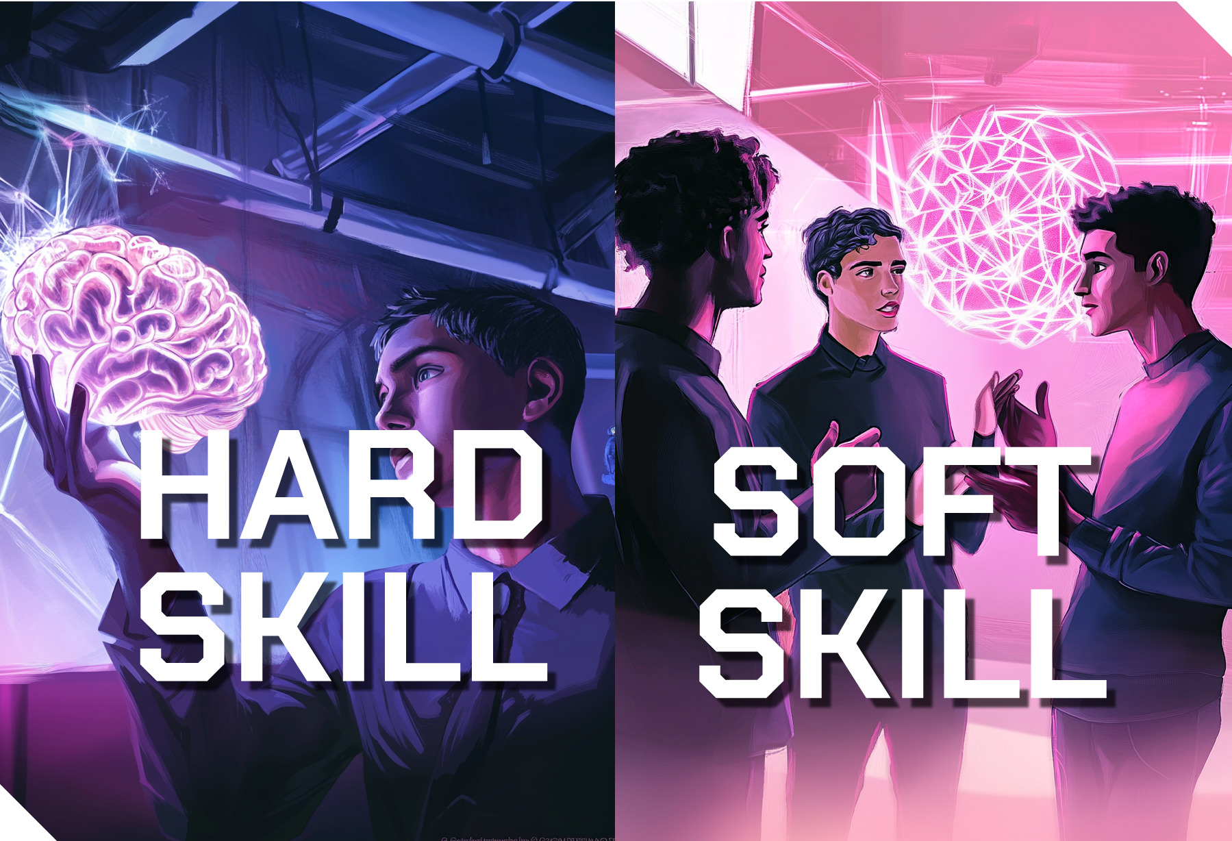 Imagem dividida ao meio com hard skill representada por alguém segurando cérebro à esquerda e soft skill com três pessoas conversando à direita.