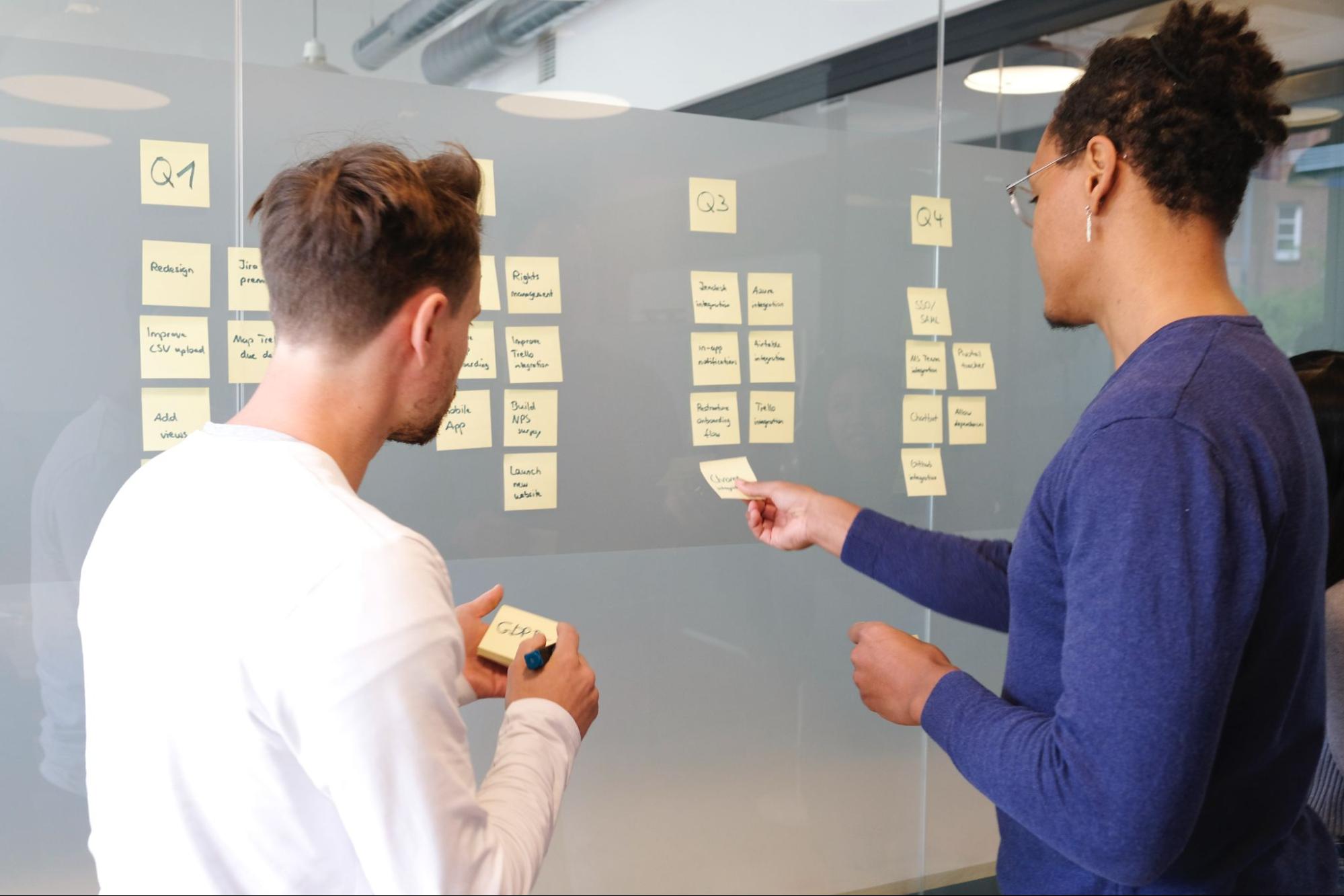 Imagem de duas pessoas conversando de frente para um quadro e colocando post-it amarelos sobre ele.