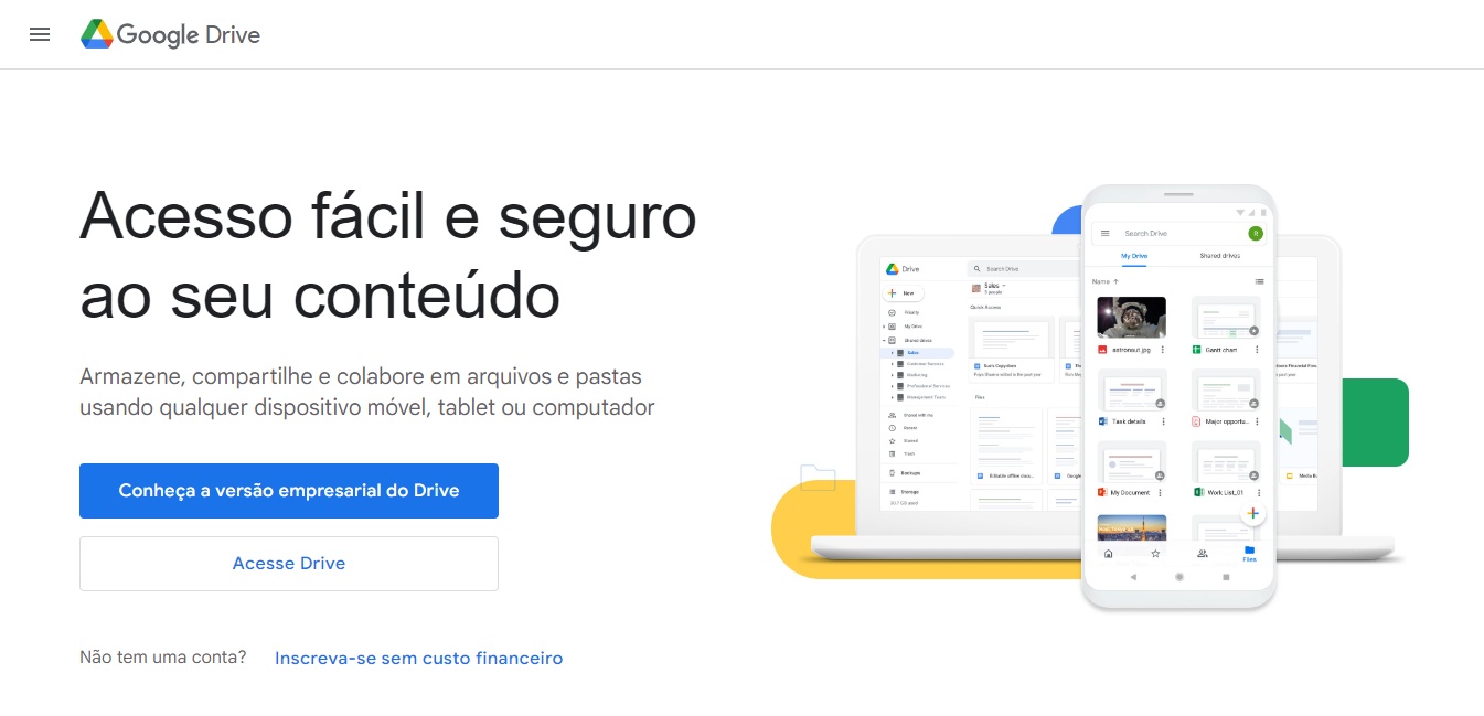 Imagem da página inicial do site da ferramenta Google Drive.
