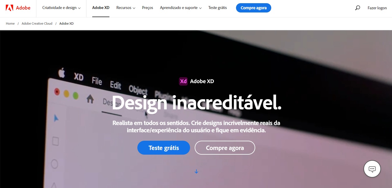 Imagem da página inicial do site da ferramenta Adobe XD.