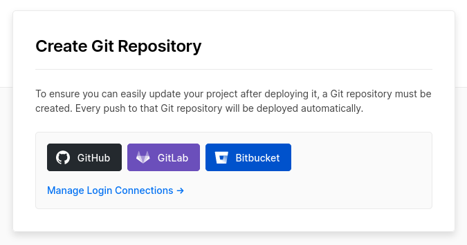 Captura de tela de um menu da plataforma Vercel indicando que é necessário criar um repositório para o projeto e que cada push para o repositório será implementado automaticamente no serviço