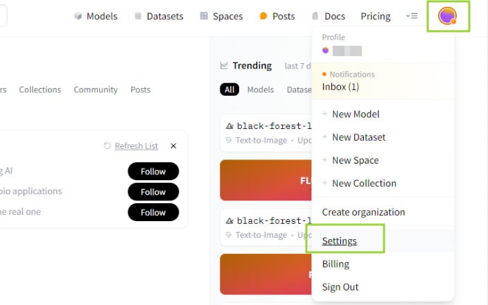 A imagem mostra um menu de usuário. Há um botão com um ícone de perfil de usuário no canto superior direito para abrir o menu. A opção "Settings" está indicada por um retângulo.