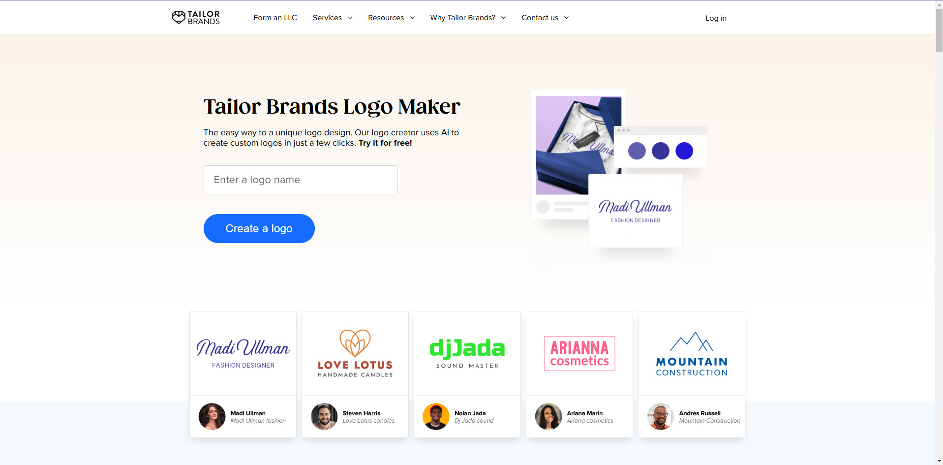 Página inicial da ferramenta Tailor Brands para criação de logo com IA.