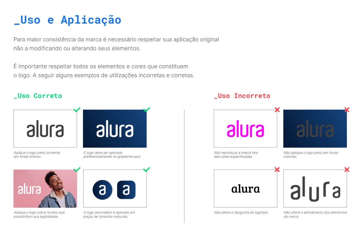 Imagem de parte do manual de identidade visual da Alura, apresentando, entre outras orientações, o que pode e o que não se pode fazer com o logotipo da empresa.