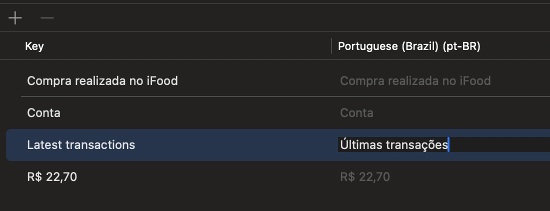 A imagem mostra uma tela do Xcode de edição de traduções de strings para o projeto "SwiftBank". A chave "Latest transactions" está sendo traduzida para "Últimas transações" em Português (Brasil). As traduções para outras chaves como "Compra realizada no iFood" e "Conta" também estão visíveis.