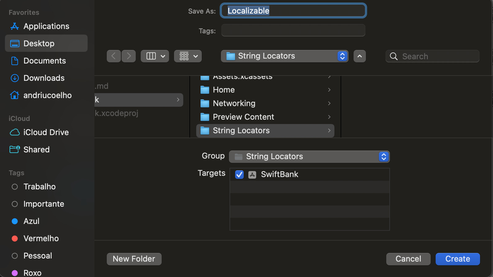 A imagem exibe a tela de criação de um novo arquivo chamado "Localizable" em um projeto de desenvolvimento. O arquivo está sendo salvo na pasta "String Locators", e o projeto selecionado como alvo é "SwiftBank".