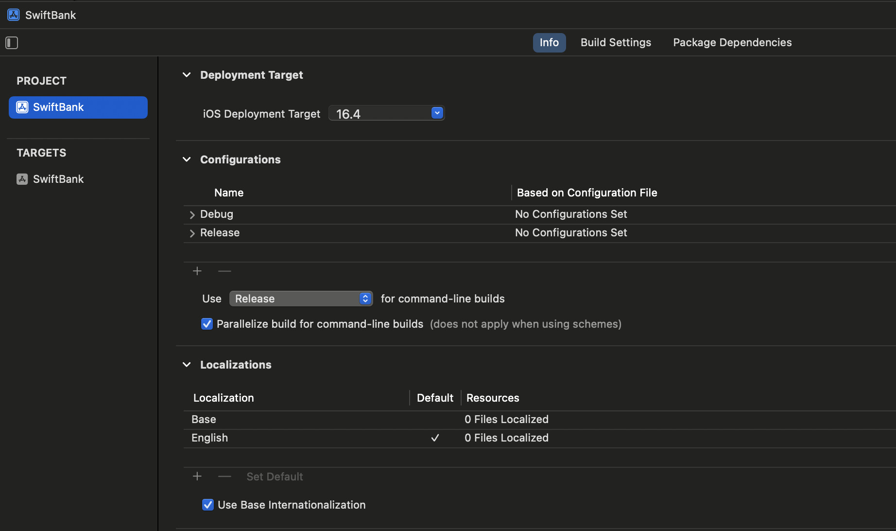 Tela de configurações de build no Xcode para um projeto iOS chamado SwiftBank, com foco nas configurações de localizações ecom a opção Use Base Internacionalization selecionada.