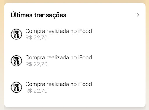 Seção de últimas transações do aplicativo Swift Bank, com três compras de restaurante.