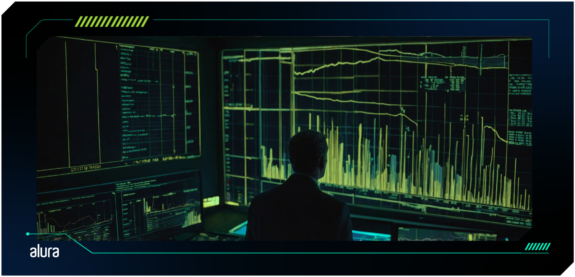 Homem em frente a vários computadores analisando informações e gráficos.