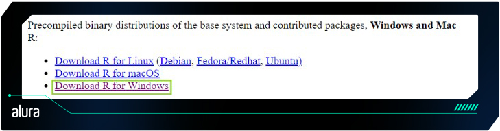 Página de downloads do R com links para Linux, macOS e Windows, destacando o link "Download R for Windows" em verde.