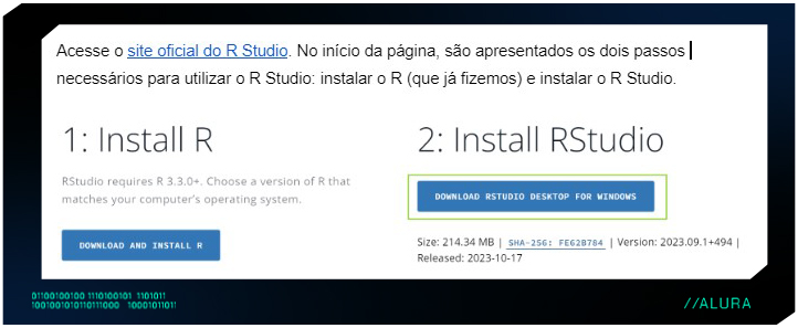 Página com instruções para instalar o R e o RStudio, mostrando dois passos: "1: Install R" com botão azul, e "2: Install RStudio" com botão azul destacado em verde.