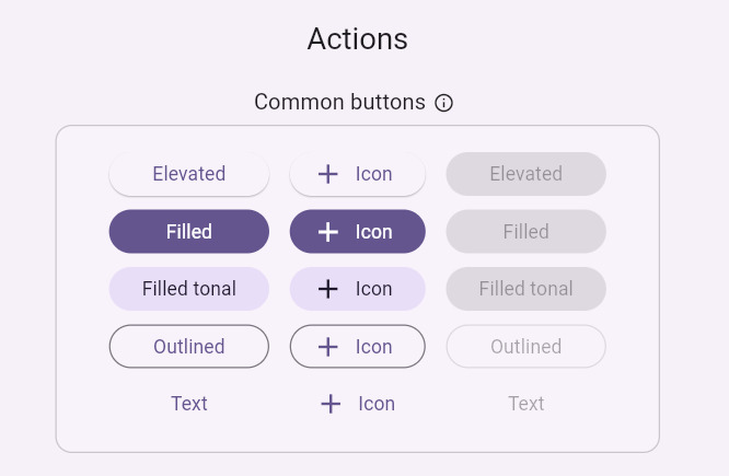 Diversos botões do Material Design.