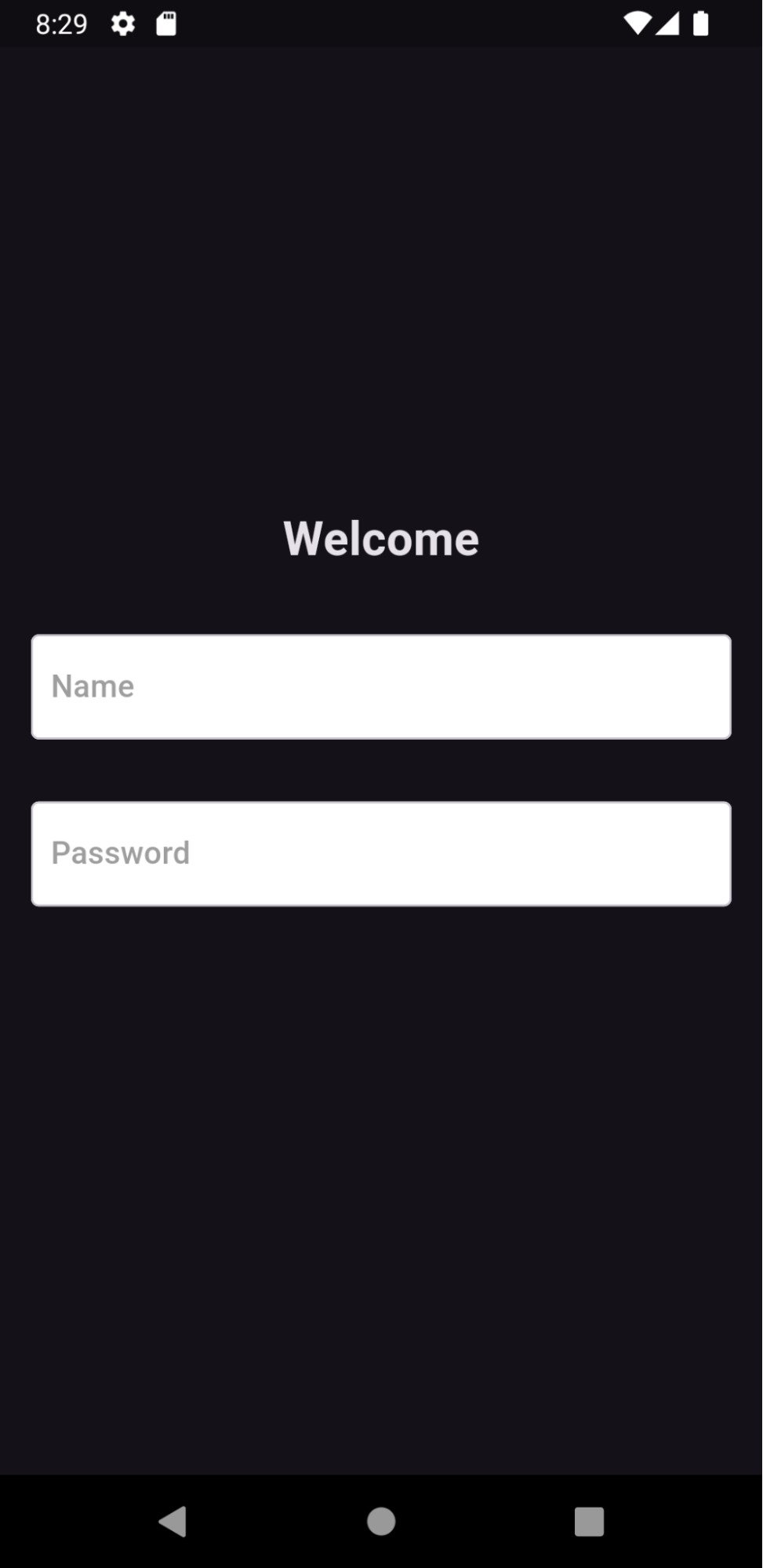 Tela de login com o texto "Welcome", um campo para inserir o nome e um campo para inserir a senha.