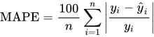 Equação do MAPE (erro percentual absoluto médio), que calcula a média dos valores percentuais absolutos das diferenças entre os valores observados e previstos.