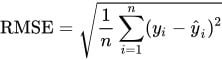 Equação do RMSE (raiz do erro quadrático médio), que calcula a raiz quadrada da média dos quadrados das diferenças entre os valores observados e previstos.