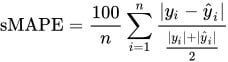 Equação da sMAPE (erro percentual absoluto médio simétrico), que calcula o percentual médio das diferenças absolutas entre valores observados e previstos, normalizados pela média dos valores absolutos observados e previstos.