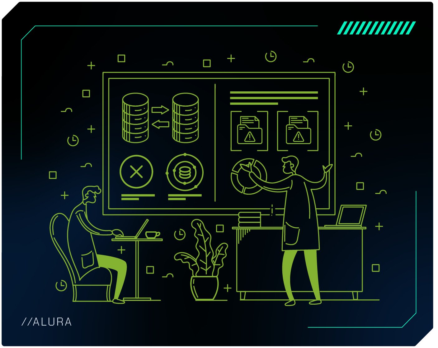 A imagem mostra duas pessoas conversando na frente de uma lousa com imagens que representam bancos de dados, pastas e suas estruturas.