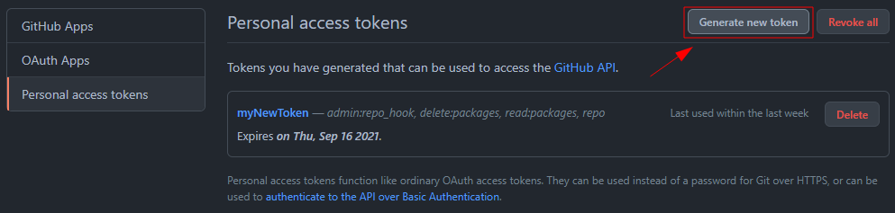 Screenshot da tela Developer Settings do GitHub com destaque na opção Generate new token no canto superior direito.