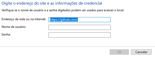 Tela Adicionar uma credencial genérica com o campo Endereço de rede ou na Internet preenchido como "https://github.com/"