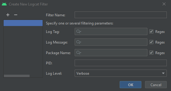 Print de tela do logcat que a janela “Create New Logcat Filter”, o que se poderia traduzir como “Criar novo filtro de logcat”. A imagem oferece algumas opções de parâmetros para realizar a configuração.