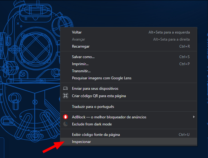 A imagem apresenta a captura de tela do site da Alura, após acionar o botão direito do mouse. Há um menu de opções com uma seta vermelha apontando para a opção “Inspecionar”.
