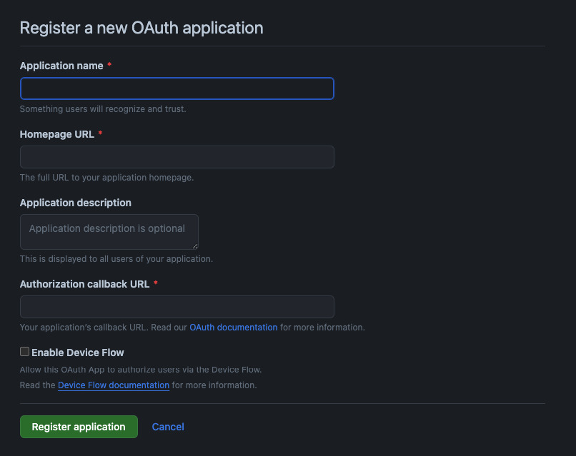 Imagem da captura de tela do registro do OAuth do GitHub.