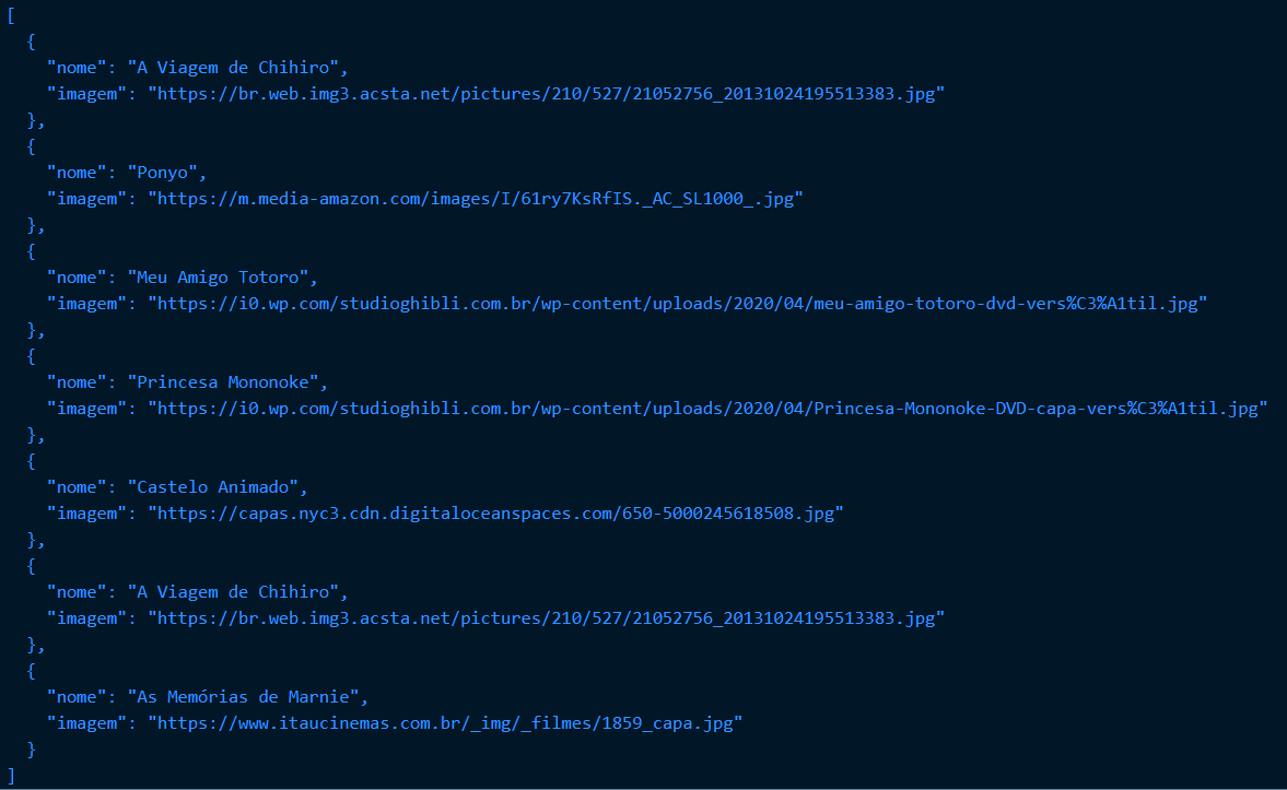Print que mostra o resultado da requisição com a lista de filmes e os dados estruturados, que são “nome” e “imagem”.