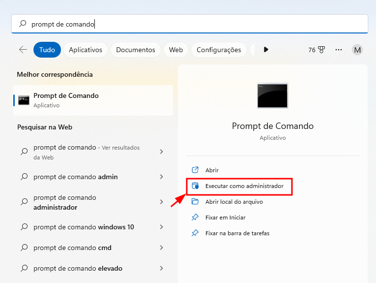 Captura de tela em recorte. Na imagem, é mostrado o buscador do Windows com o texto “Prompt de Comando” no campo de busca no canto superior. Na lateral direita, é mostrado um quadro com o aplicativo do Prompt de Comando, onde aparecem as opções “Abrir”, “Executar como administrador”, “Abrir local do arquivo”, “Fixar em iniciar” e “Fixar na barra de tarefas”. A segunda opção, “Executar como administrador” é destacada com um quadro retangular vermelho.