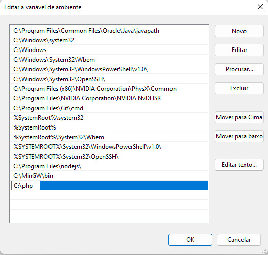 Imagem de print de tela da aba “Editar a variável de ambiente”. Essa aba foi aberta ao clicar na opção “Path” anteriormente. Há uma lista com as variáveis de ambiente do sistema do lado esquerdo, com destaque para a última opção que se trata do local “C:\php”.