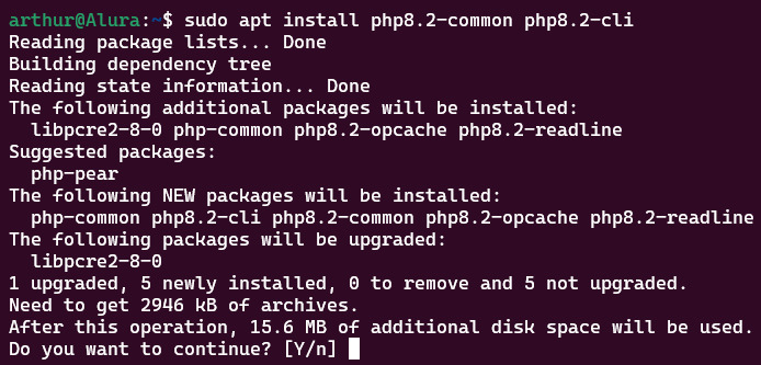 Imagem de um print de tela que mostra o resultado da ação do comando “sudo apt install php8.2-common php8.2-cli”. As informações mostradas na foto são referentes à instalação dos pacotes do PHP.