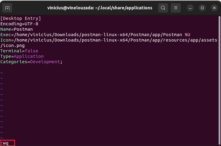 Imagem do editor vi, com fundo de cor vinho. No editor, estamos escrevendo a configuração para o atalho do Postman. Posteriormente, em destaque, temos o comando “:wq”, no canto inferior esquerdo, para salvar e sair do editor.