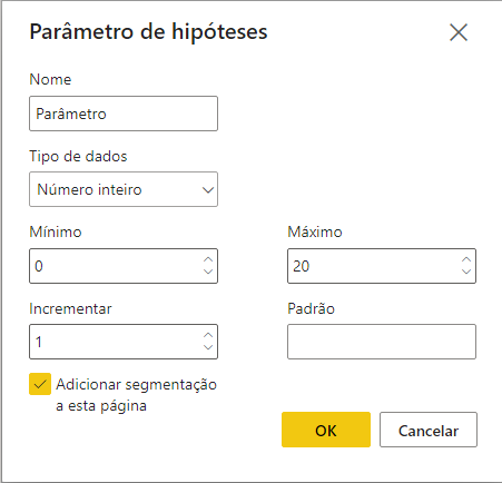 Imagem da janela da configuração dos parâmetros. Nessa janela há os campos de Nome, Tipo de dados, mínimo, máximo, incrementar e padrão. A opção “Adicionar segmentação a esta página” está selecionada.