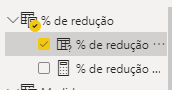 Imagem da parte direita do Power BI com ícones que representam uma tabela, com o nome de % de redução, e uma medida com o mesmo nome, % de redução, criadas automaticamente pelo parâmetro.