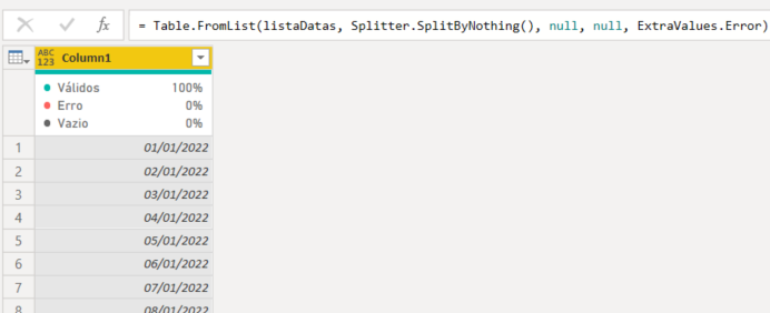 Print da tabela com uma coluna contendo as datas da lista criada dentro do Power Query.