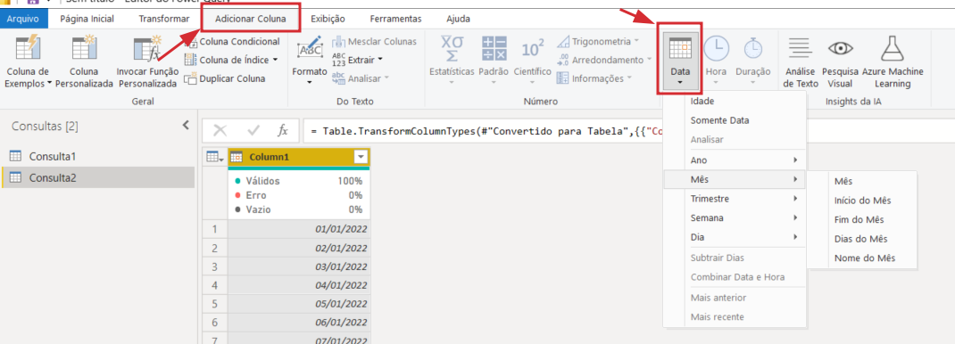 Print da aba “adicionar colunas”. Essa opção está destacada juntamente com a opção “data” no topo do editor do Power Query.