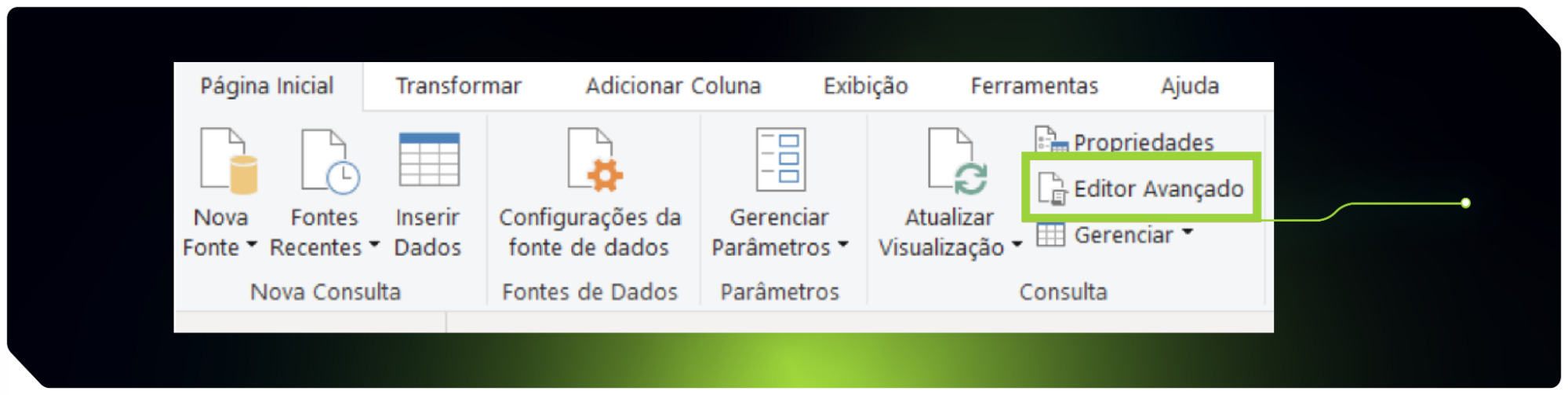 Print do menu Página inicial do Power Query na qual o botão “Editor Avançado” da aba consulta está destacado.