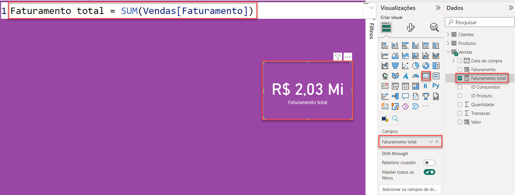 Canvas do Power BI com itens relacionados ao cálculo e exibição do valor do faturamento total, destacados com um retângulo vermelho. À esquerda, o campo de fórmula para cálculo do Faturamento total, seguido pelo visual de cartão com a mesma métrica. À direita, temos a aba de Visualizações, com seleção de tipo de visual e campo "Faturamento total", que veio da tabela Vendas, presente na aba de Dados.