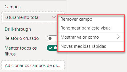 Captura de tela do menu suspenso do botão de seta apontada para baixo no lado direito do campo de “Faturamento total”. No menu suspenso, destacado por um retângulo vermelho, temos as opções disponíveis para o campo.