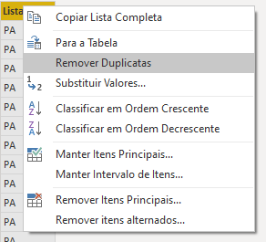 menu com remover duplicatas selecionado