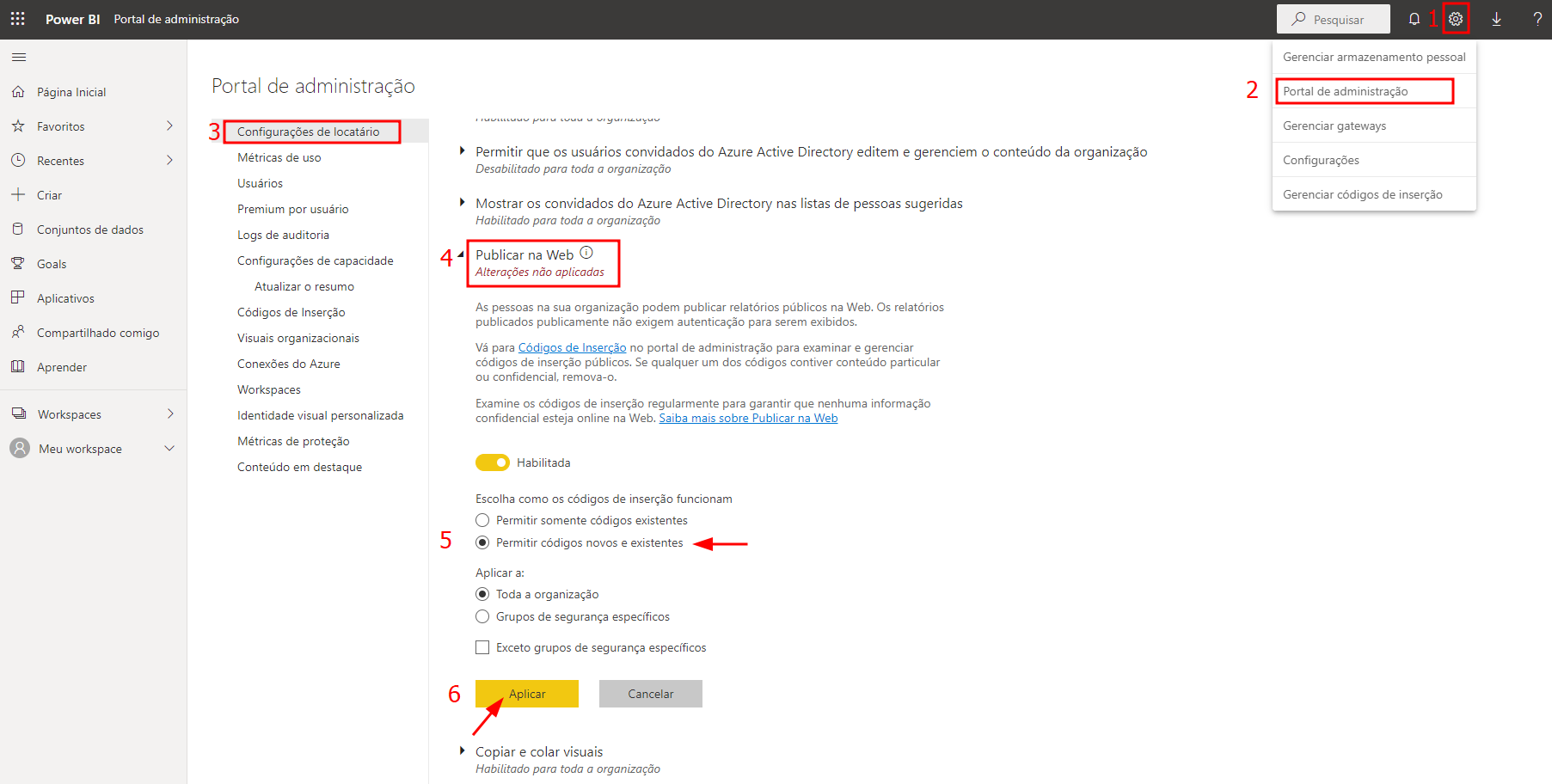 Print da tela do serviço do Power BI, ilustrando o passo a passo para habilitar a criação de novos códigos de inserção.