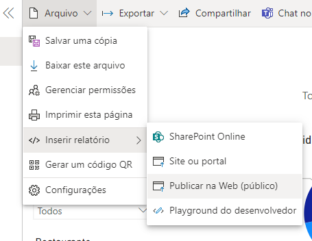 Print do site do serviço do Power BI, demonstrando o caminho para chegar na opção Publicar na Web através do dashboard criado.