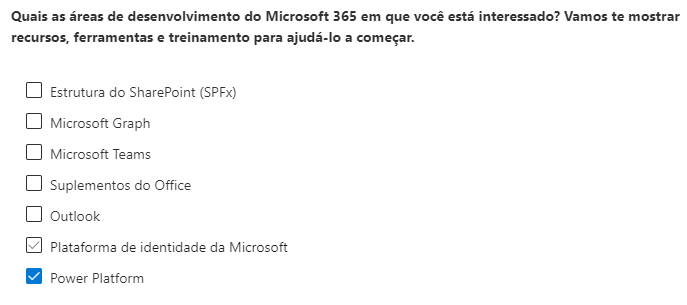 Print da etapa de seleção sobre área de desenvolvimento. Nela, encontra-se selecionada a opção Power Platform.