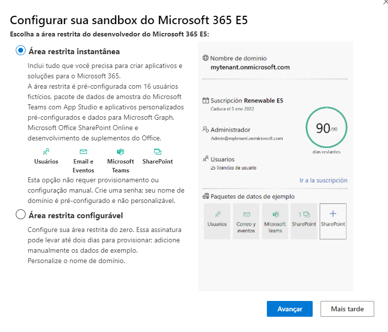 Print da área de configuração da sandbox da sua conta. Nessa janela, está selecionada a opção Área restrita instantânea na parte superior esquerda.