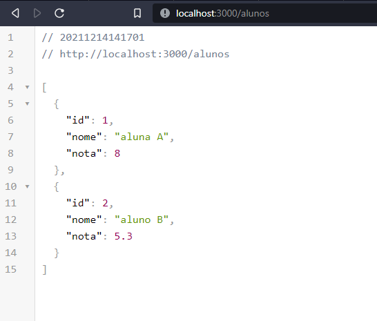 Janela do navegador com a url "http://localhost:3000/alunos" e no corpo da página o array de objetos de alunos