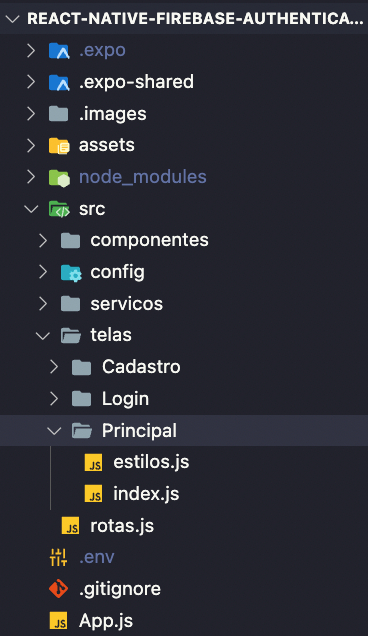 Estrutura de pastas do projeto Firebase feito com React Native